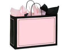 a pink shopping bag with black handles and bows on the handle is shown in front of a white background