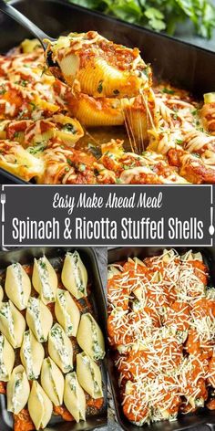 easy make ahead meal spinach and ricotta stuffed shells in pans with text overlay