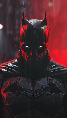 the dark knight in batman's costume is standing in the rain with red lights behind him