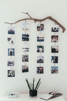 a white table topped with pictures and a plant next to a wall mounted photo frame