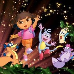 dora the cat and her friends are flying through the air with stars in the background