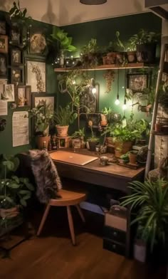 a room filled with lots of potted plants and pictures on the wall above a desk