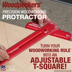 an advertisement for woodpecker's precision woodworking protractor, featuring a person working on a piece of wood