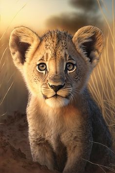 a painting of a young lion cub in the desert at sunset, looking straight ahead