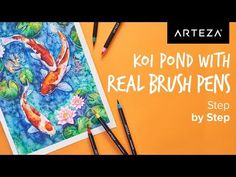 some watercolor pencils are laying on top of a drawing book with the words koi pond with real brush pens