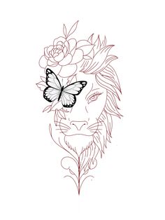 a drawing of a lion with a butterfly on its head and flowers in his hair