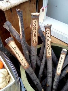 several wooden sticks with writing on them sitting in a pot