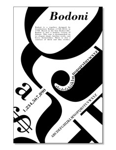 a black and white poster with the word bodoni on it's side