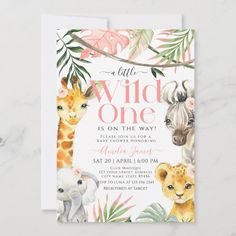 a little wild one is on the way baby shower card with an elephant, giraffe and zebra