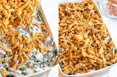 two pans filled with food sitting on top of a white table next to each other