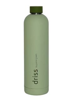 a green water bottle sitting on top of a white surface with the word siss printed on it