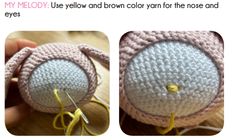 a crocheted stuffed animal is shown in three different views, including the eyes and nose