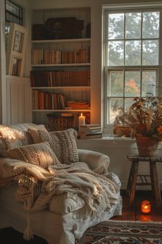 a living room filled with lots of furniture and bookshelves next to a window