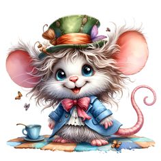 a mouse with a hat and bow tie sitting on top of a table next to a cup