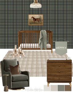 a baby's room with plaid walls and furniture