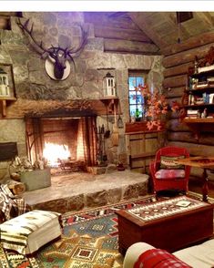 a living room with a fire place and lots of furniture