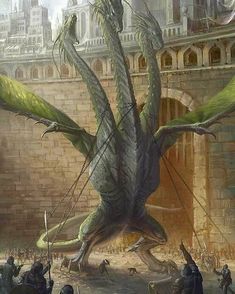 an illustration of a giant dragon attacking knights