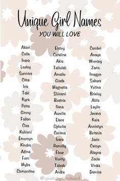 the unique girl names you'll love are in this printable flower pattern, which includes