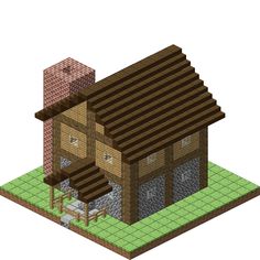 an image of a small house made out of wood and stone blocks with a roof