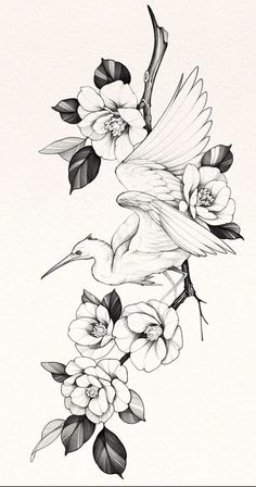 a black and white drawing of a bird with flowers