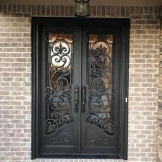 double iron door with square top and aquatex glass Iron Front Door, Elegant Entryway, Iron Entry Doors, Double Door Design, Double Front Doors, Scroll Design, Types Of Doors, Iron Doors, Door Frame