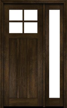 a wooden door with glass and side panels