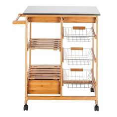 a kitchen cart with three baskets on top and two drawers under the shelf, against a white background