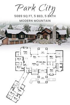 the floor plan for park city, which is located in modern mountain style home plans