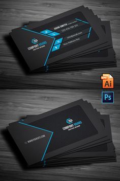 two sided business card with blue lines on the front and back, in dark colors