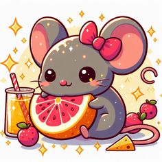 a cartoon mouse is holding a grapefruit with a straw in it's hand