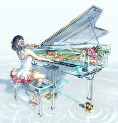 a woman sitting at a piano with flowers around her