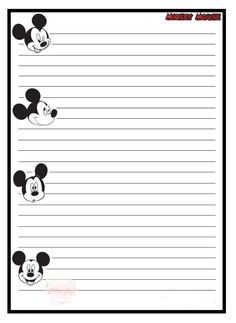 the mickey mouse lined paper is shown in black and white, with three heads on each side