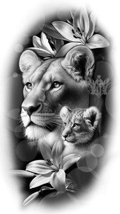 a black and white drawing of two lions surrounded by flowers