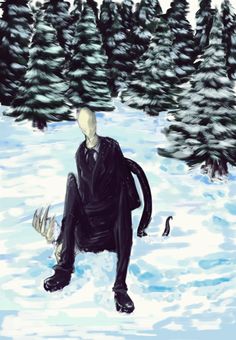 a painting of a man sitting in the snow with trees behind him and his back turned to the camera