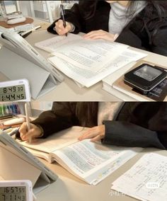 two photos showing the same person doing homework