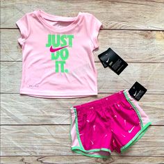 Light Pink Top With Nike Logo “Just Do It.” With Matching Shorts. Both Dri-Fit Technology Nike Short Sleeve Sets For Spring, Nike Sports Sets For Summer, Sporty Pink Sets For Spring, Nike Summer Sets With Short Sleeves, Playful Summer Sports Sets, Playful Sports Sets For Spring, Casual Pink Sports Sets, Cute Pink Sets With Short Sleeves, Playful Nike Sports Sets