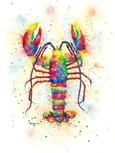 a watercolor painting of a colorful lobster