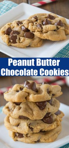 peanut butter chocolate chip cookies are stacked on top of each other and ready to be eaten