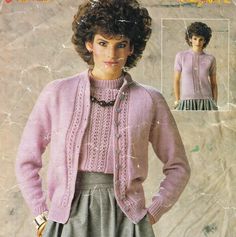 an image of a woman wearing a sweater and skirt in knitting pattern with her hands on her hips