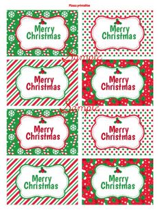 merry christmas gift tags with red and green polka dots on the bottom, one for each