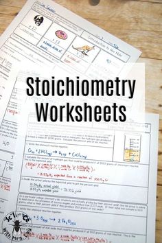 two sheets of paper with the words stoicometry worksheets on them