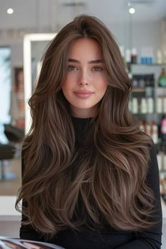 Olive Skin Brown Eyes Hair Color, Cool Brown Hair Color Pale Skin, Mochachino Brown Hair, Danielle Bernstein Hair, Balayage Mushroom Brown, Light Chocolate Brown Hair Color Caramel, Latte Brown Hair Color, Chocolate Ash Brown Hair, Long Hair Inspo Brunettes