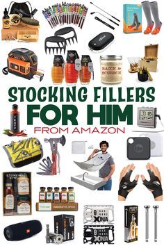 the cover of stocking fillers for him from amazon, with an image of various items