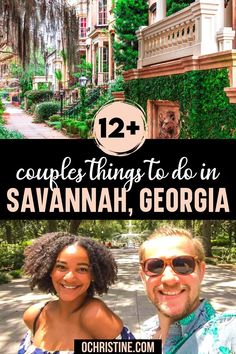 two people standing in front of a building with the words 12 couples things to do in savannah