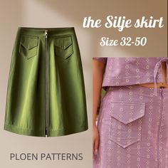 the side skirt size 32 - 50 is shown in purple and green, with an open zipper