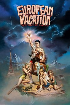 the poster for european vacation shows two men and women on a rock with lightning in the background