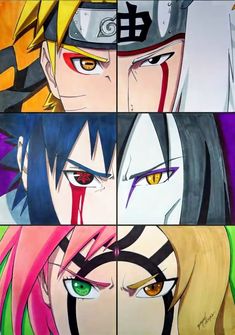 four anime characters with different colored eyes