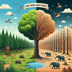 an image of trees and animals in the forest