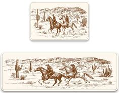 two coasters depicting cowboys on horseback in the desert with cactus trees and cacti