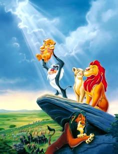 the lion king and other disney characters are standing on top of a rock in front of a cloudy sky